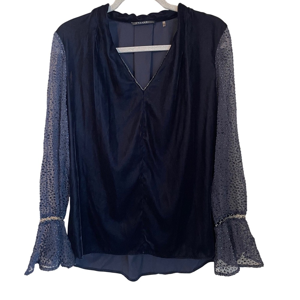 Tahari Size M Midnight Blue Velvet Top Sheer Bell Sleeve Metal Accent Cuff